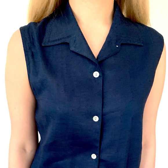 Royal Blue 100% linen button-up shirt mother-of-pearl buttons embroidered collar - Picture 9 of 16